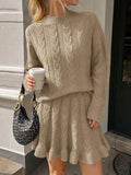 Tankaneo Womens 2 Piece Sweater Skirts Set Chunky Cable High Neck Long Sleeve Sweaters Ruffle Mini Skirt Lounge Set