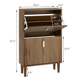 Smuxee Shoe Cabinet with 2 Flip Drawers, 23.6" Walnut Hidden Shoe Storage Cabinet with Line Groove Design, Freestanding Shoe Organizer Cabinet for Entryway, Hallway, Living Room