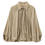 Talakeno Womens Puffed Bomber Jacket Casual Batwing Sleeve Lapel Collar Zip Shirts Oversized Pleated Streetwear Jackets(Khaki,L)