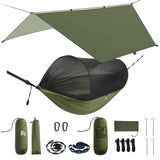 Miztli Camping Hammock with Net & Rain Fly All-in-1 - Double & Single Portable Hammock Ripstop Nylon, Complete Kit w/Adjustable Tree Straps for Backpacking, Outdoor, Travel