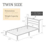 HAY.com Twin Size Bed Frame with LED Light & Charging Station, Metal Platform Bed with Storage Headboard & Under-Bed Storage, Heavy Duty Slats Support, No Box Spring Needed, Noise-Free, White