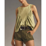 Hixiaohe Shirred Swing Tank Tops for Women Fashion Flowy Sleeveless Shirts Casual Crew Neck Blouse Loose Fit Ruffled Tops(Green,XL)