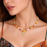 CaptainSteeL Colorful Beaded Pearl Initial Necklace Teen Girl Gifts,A-Z Letter Choker Necklace for Teenage Girl Women Gifts(16in+2in,14K Gold Plated Initial Pandent)