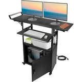 AV Cart with Locking Cabinet and Drop Leaves, Height Adjustable Steel AV Cart with Wheels and Power