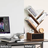 Simple Deluxe 4-Tier Tree Bookshelf with Drawers, Compact Corner Bookcase with Storage Cabinet & Open Shelves