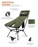 Trakiom High Back Portable Compact Camping Chair, Lightweight Green Folding Chair with Head Support & Widened Seat, Adjustable Head Support for Beach, Camping, Festival, Hiking and Outdoor Travel