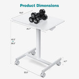 DUMOS Small Standing Desk Mobile Portable Rolling Laptop PC Table on Wheels Adjustable Height Computer Workstation, 19 Inch, Modern White