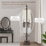 Solid Wood Coat Rack Freestanding Clothing Rack with Wheels & 2 Shelves Storage & 5 Hooks Heavy Duty Clothes Rack Wood Coat Tree Stand Hat Hanger Rack