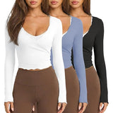 Talakeno Womens Ballet Wrap Tops Cropped Long Sleeve Self Tie Front Shirt Y2K Workout Yoga Pilates Dance Cover Up Blouse(Black+Blue+White,XL)