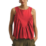 Hixiaohe Shirred Swing Tank Tops for Women Fashion Flowy Sleeveless Shirts Casual Crew Neck Blouse Loose Fit Ruffled Tops(Red,S)