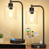 Set of 2 Industrial Touch Control Table Lamps with USB C+A Ports and AC Outlet - 3-Way Dimmable Black Bedside Lamps Nightstand Desk Lamps