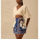 Talakeno Womens Summer Floral Wrap Short Skirt Tie Side High Waist A Line Beach Vacation Boho Mini Skirt(Dark-Blue,M)
