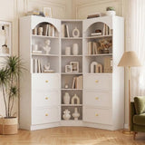 Cyclysio 80" Tall Bookshelf System with 6 Drawers, Arched Corner Bookcase with 12-Tier Open Shelves