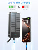 SOXONO Solar Charger Power Bank, PD 20W Fast Charging External Batter, 40000mAh Portable Phone Charger Built in 4 Cables with Dual Bright Flashlights for Camping, Hiking, and Outdoor Use (Black)