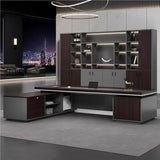 Rustic L Shaped Executive Office Desk with Shelves Storage Cabinet