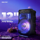 Dolphin 12-Inch Rechargeable Bluetooth Party Speaker – High Power Sound, TWS Compatibility, LED Lights, 5-Band Equalizer, Portable Design with Trolley and Wheels