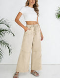Athlisan Womens Casual Wide Leg Sweatpants High Waist Acid Wash Palazzo Pants with Pockets(Khaki-XL)