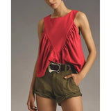 Hixiaohe Shirred Swing Tank Tops for Women Fashion Flowy Sleeveless Shirts Casual Crew Neck Blouse Loose Fit Ruffled Tops(Red,M)
