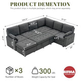 Huatean Home 105" U-Shape Sleeper Sofa with Storage, Large 7-Seat Modular Sectional with Removable Covers, Pull-Out Couch Bed for Living Room, Dark Grey