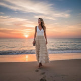 Mincib Womens Long Tulle Skirt A Line Ruffle Tiered Layered Skirts High Waisted Flowy Fairy Maxi Skirts(Beige, M)