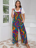 AusLook Plus Size Women's Adjustable Straps Jumpsuits Psychedelic Color Flow 2X Casual Loose Wide Leg Overalls with Pockets
