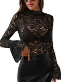Women's Long Sleeve Lace Mesh Tops High Neck Sheer Blouse Sexy Floral Going Out Top Black