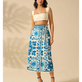 Talakeno Womens Floral Wrap Midi Skirt Summer Adjustable Tie Side Casual High Waist A Line Beach Boho Long Flared Skirts(Blue,L)
