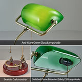 Bankers Lamp, Traditional Green Desk Lamp with Solid Birch Wood Base, Green Glass Antique Library Lamp with Pull Chain Switch
