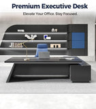 L-Shaped Black Executive Desk with Drawers, Large Modern Office Desk with Storage Cabinets