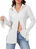 AUGCONE Women's Button-Down Shirts Casual V Neck Collar Long Blouses with Bell Sleeve(White, XXL