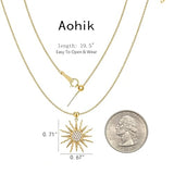 Aohik Dainty 14k Plated Gold Sun Necklace for Women, Trendy CZ Sunburst Pendant Necklace Non Tarnish Jewelry for Gifts