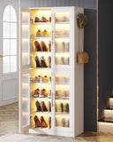 Tribesigns Tall Shoe Storage Cabinet with Acrylic Doors and LED Lights, 8-Tier Shoe Organizer Rack with Adjustable Shelves and Hanging Hooks for Narrow Closet, Hallway, Living Room, White (Set of 2)