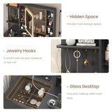 AOGLLATI Makeup Vanity with Lights in 3 Colors, Black Vanity Desk with Mirror and Lights, Vanity Table with Charging Station, Makeup Desk with Visible Drawers, Hidden and Open Storage Shelves
