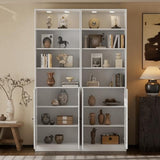 Tall Bookshelf with LED - Rattan Wood Door Design, 7 Tier Bookcase Set of 2, Curio Cabinets with Storage