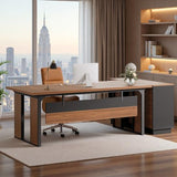 63" Executive Desk, Modern Office Desk with Privacy Panel & Metal Frame, Large Computer Desk for Home Office (Brown & Black, Only Table)