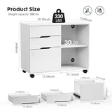 DUMOS Lateral File Cabinet with 3 Drawers Rolling Filing Cabinets Under Desk Storage Printer Stand Wood Organizer, White