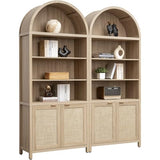 SICOTAS 84.2" Tall Arched Bookcase with Doors - 5 Tier Rattan Bookshelf