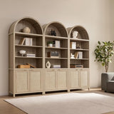 SICOTAS 84.2" Tall Arched Bookcase with Doors - 5 Tier Rattan Bookshelf