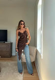 Women's Satin Lace Dress Asymmetric Cocktail Mini Dress Layering Essentials Elegant Dresses Date Night Outfits(Brown,S)