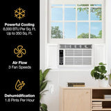Whirlpool 8,000 BTU Window Air Conditioner with Dehumidifier, 115V, Window AC for Rooms up to 350 Sq. Ft., Living Room, Bedroom, or Apartment, with 3 Speeds, Remote Control, and 24H Timer, White