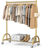 MISSLO Heavy Duty Clothing Rack with Wheels Rolling Clothes Racks for Hanging Clothes, Coats, Garment, Dress, Gold