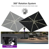 PURPLE LEAF 10 Feet Patio Umbrella with Base Outdoor Cantilever Solar Powered LED Swivel Square Umbrella, Grey