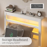 HAY.com Twin Size Bed Frame with LED Light & Charging Station, Metal Platform Bed with Storage Headboard & Under-Bed Storage, Heavy Duty Slats Support, No Box Spring Needed, Noise-Free, White