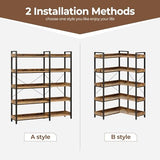 Rolanstar Bookshelf 5 Tier with 4 Hooks, Reversible Corner Bookshelf, 65" Industrial Wooden Bookcase, Rustic Brown