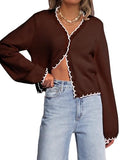 Mieazom Women's Long Sleeve Cardigan Button Down Knit Jackets Open Front Cropped Contrast Color Trim Sweaters Fall Winter Tops Brown S