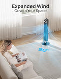 DREO Tower Fan for Bedroom, Upgraded DC 9 Speeds 20dB Ultra-Quiet Floor Fan, 90° Oscillating Fans with 28ft/s Velocity, 12H Timer, Standing Fan, Bladeless Fan Powerful for Home Office Room