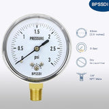 BPSSDI 0-3 Psi Low Pressure Gauge, Capsule Gauge, 304 Stainless Steel Case, 2.5" Dial Size, 1/4" NPT Lower Mount, Zero Adjustment, for Air Water Gas Pressure Test