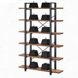 IBF 6 Tier Solid Wood Bookcase, Industrial Natural Real Wood Metal Tall Book Shelf