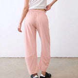 SeeLuNa Women Barrel Travel Pants Elastic Waistband Tapered Leg Baggy Mid Rise Work Trousers Lounge Pant with Pockets(Pink,XL)