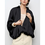 Talakeno Womens Puffed Bomber Jacket Casual Batwing Sleeve Lapel Collar Zip Shirts Oversized Pleated Streetwear Jackets(Black,M)